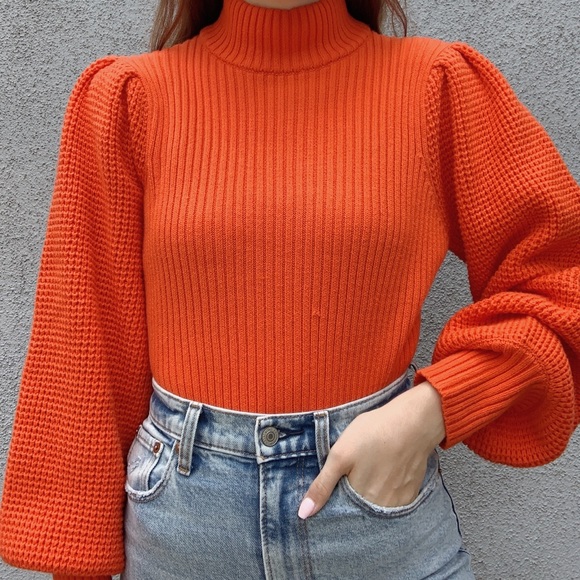 Flat White Sweaters - Orange 'Flat White' Mock Neck Chunky Sweater